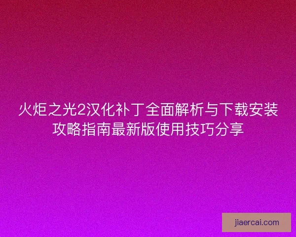 火炬之光2汉化补丁全面解析与下载安装攻略指南最新版使用技巧分享